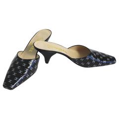 1990s Chanel Black and White Leather Logo Mules Heels Shoes 7