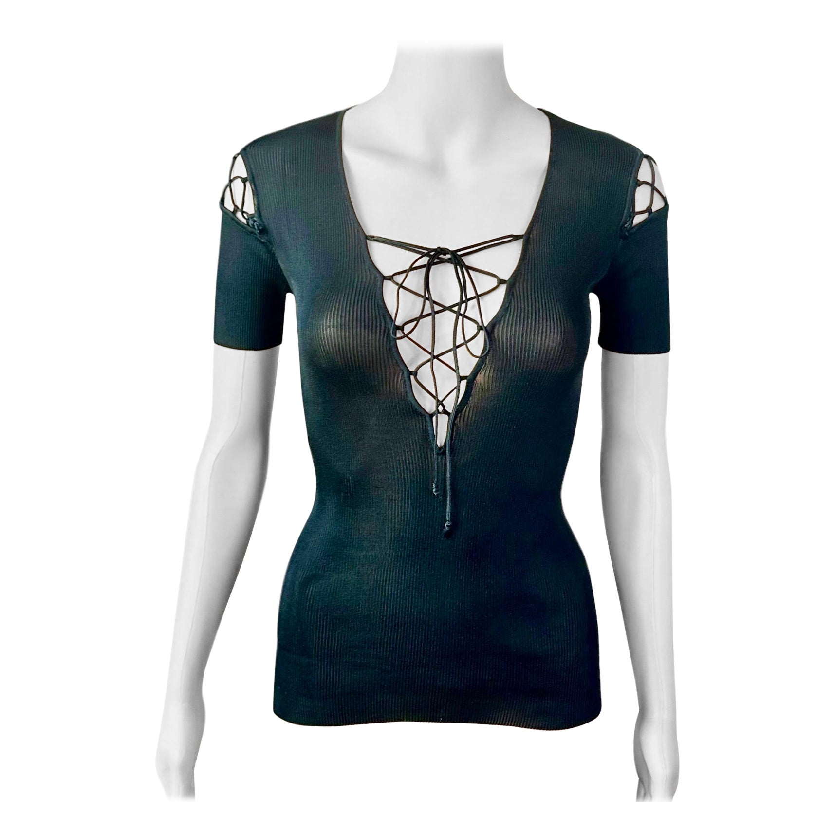 Dolce & Gabbana Vintage Lace Up Cutout Semi-Sheer Knit Black Top im Angebot