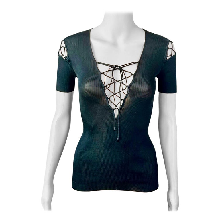 Dolce and Gabbana Vintage Lace Up Cutout Semi-Sheer Knit Black Top 