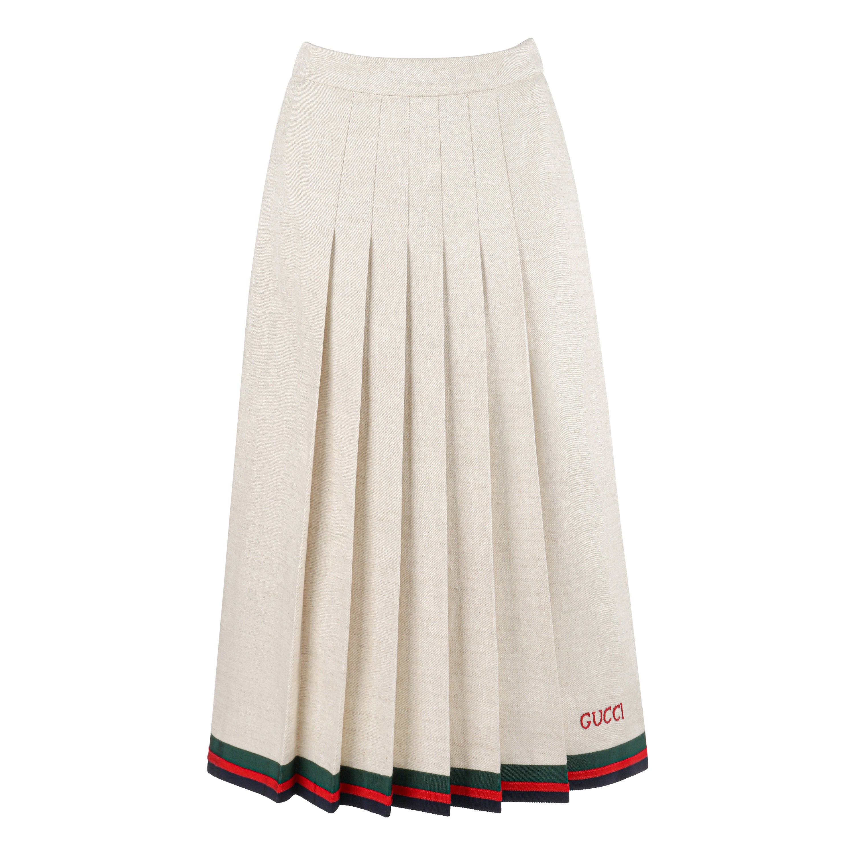 Gucci S/S 2018 Ivory Linen & Silk Pleated Embroidered Equestrian Web Midi Skirt For Sale