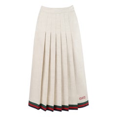 Gucci S/S 2018 - Jupe midi ivoire en lin et soie plissée et brodée de motifs équestres