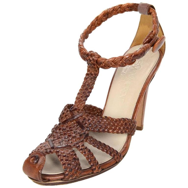 Yves Saint Laurent Brown Braided Leather Strappy Sandals sz 37 For Sale ...