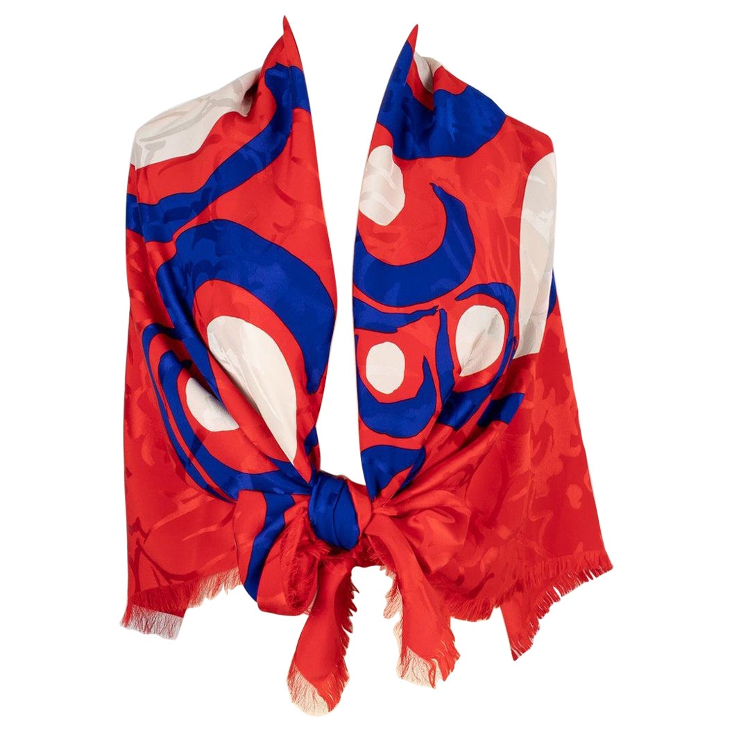 Foulard di seta di grandi dimensioni Dior nei toni del rosso, del blu e del beige con motivi astratti