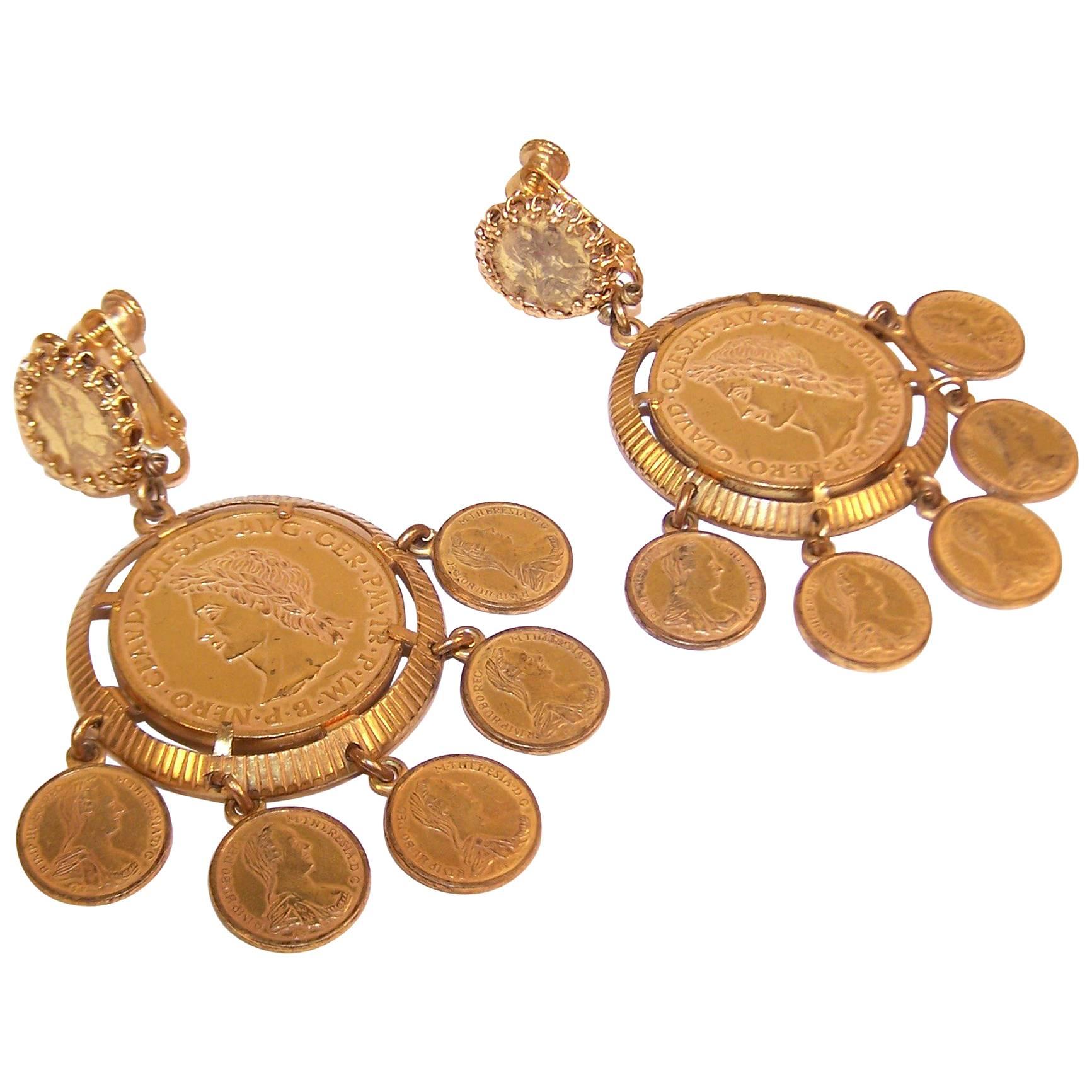 Exotic 1960's Miriam Haskell Roman Gold Coin Earrings