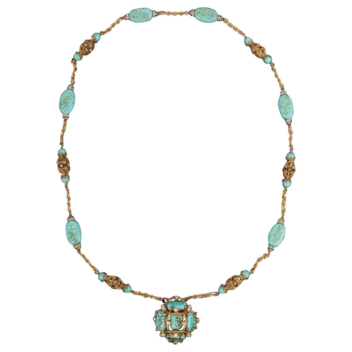 Chanel Antique Turquoise Golden Metal Pendant Necklace For Sale