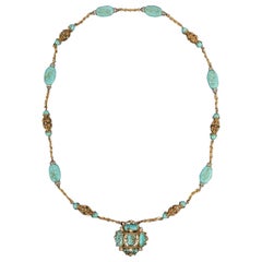 Chanel Antique Turquoise Golden Metal Pendant Necklace