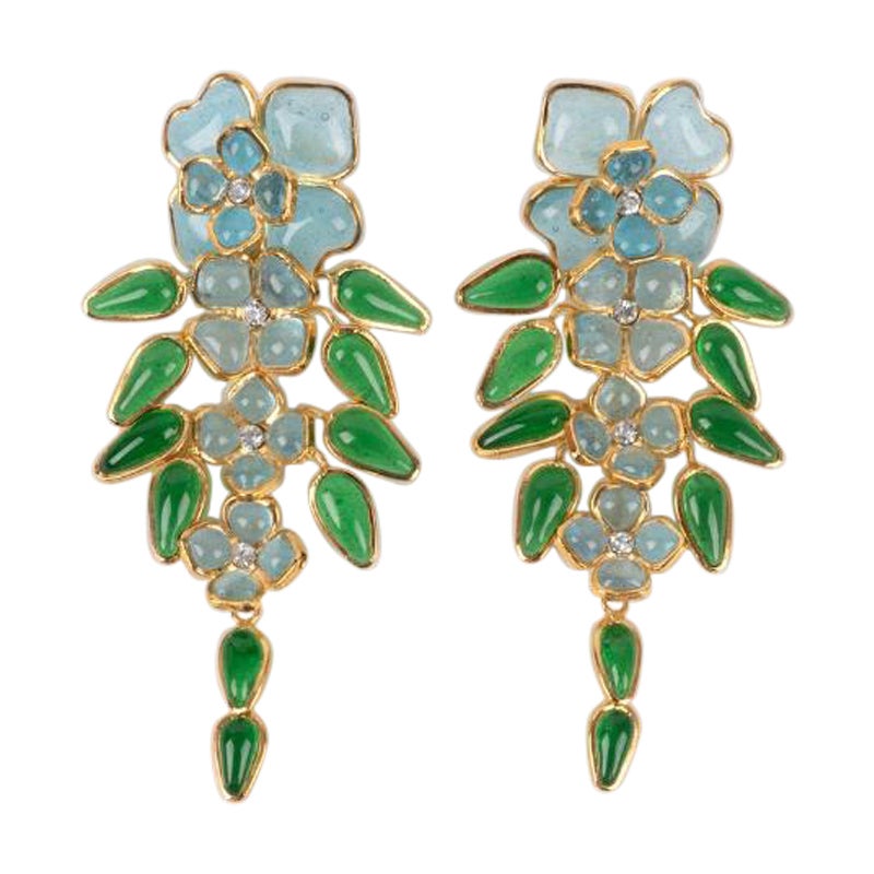 Augustine Golden Metal with Blue Glass Paste Earrings For Sale