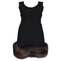 LOUIS VUITTON Black Fox Fur Shift Wool Dress F36 uk 8