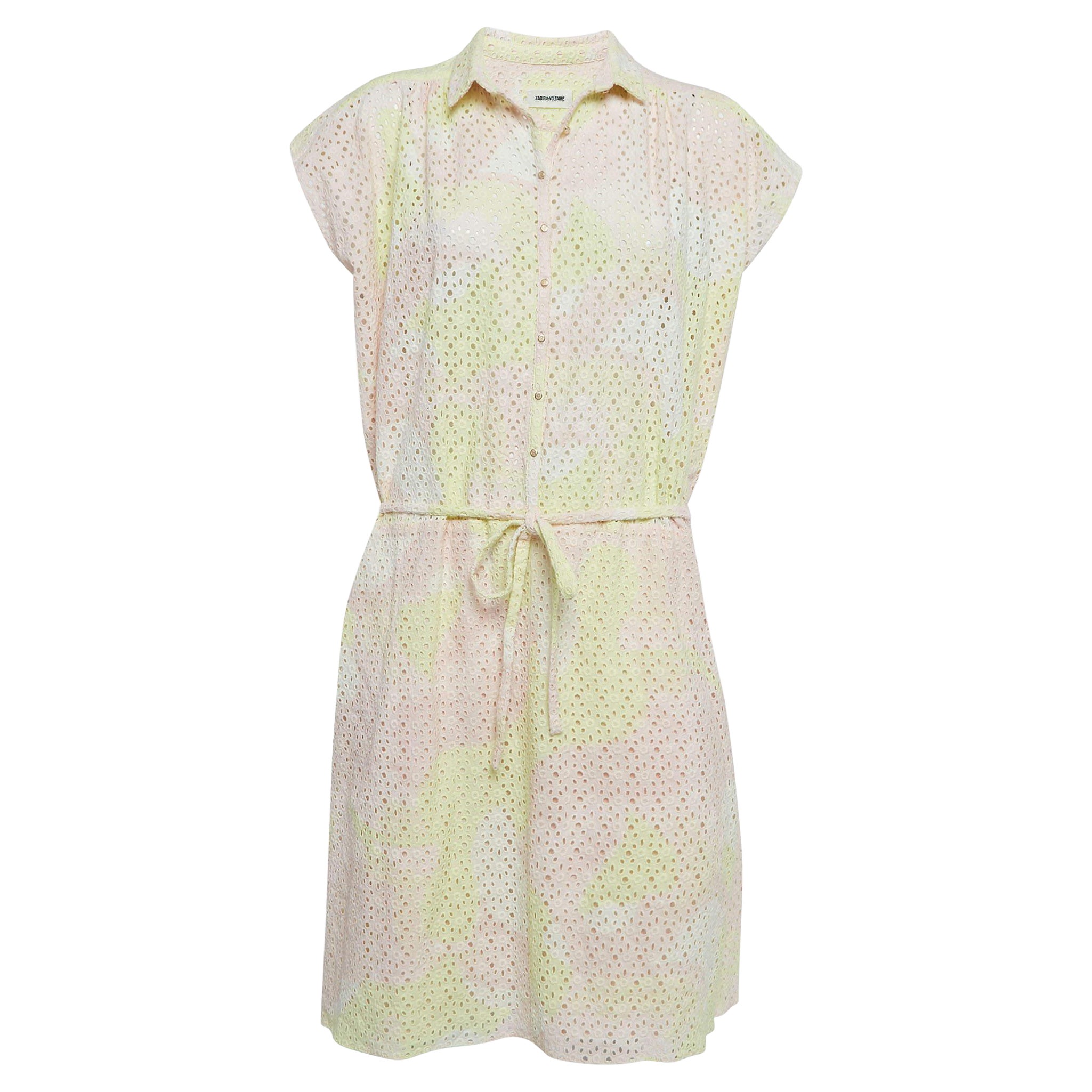 Zadig & Voltaire Pink/Yellow Eyelet Cotton Requim Camo Dress L For Sale