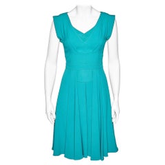 Used Elie Saab Teal Blue Crepe Pleated Detail Midi Dress XS