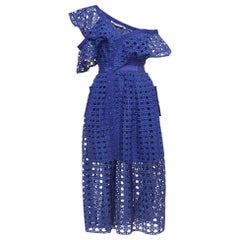 Self-Portrait - Vestito midi monospalla con volant in pizzo guipure blu S
