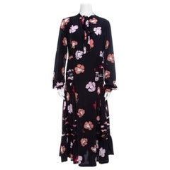 Rochas Negro Floral Estampado Seda Encaje Ribete Pintuck Detalle Vestido Midi M