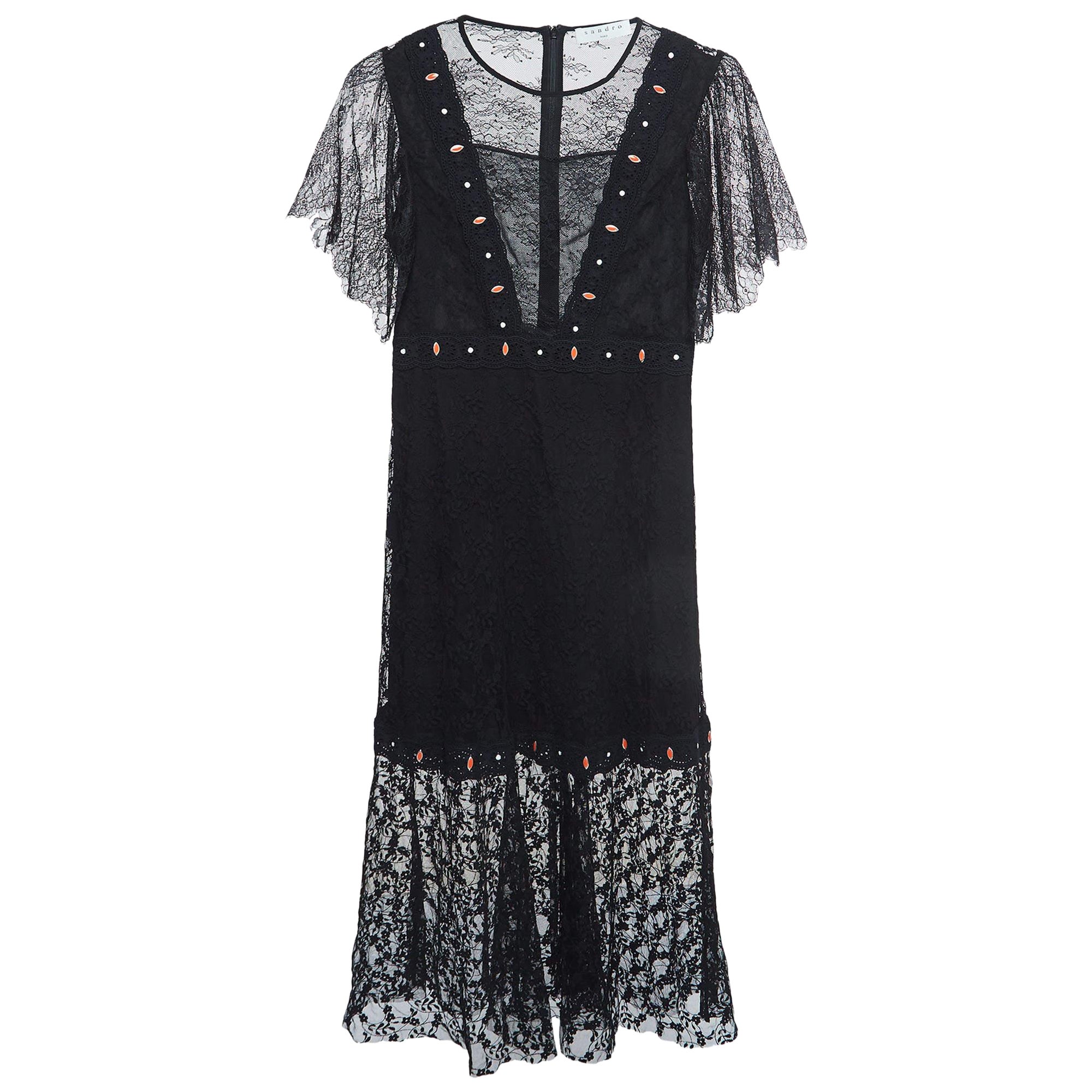 Sandro Black Lace Overlay Priscilla Midi Dress M