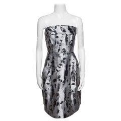 CH Carolina Herrera Silver and Black Floral Jacquard Strapless Dress S