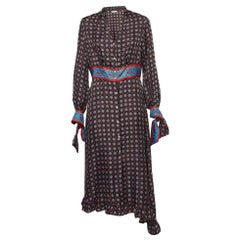 Sandro Navy Black/Blue Printed Silk Twill Catlyn Pleated Midi Dress L