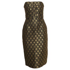 Alexander McQueen Black/Gold Jacquard Strapless Midi Dress M