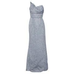 Roland Mouret Silver Silk Knit One- Shoulder Maxi Dress M