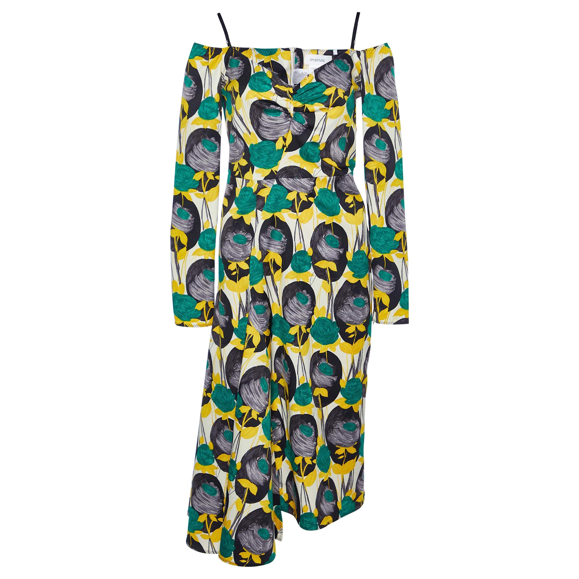 Sportmax Yellow Floral Print Faille Asymmetric Midi Dress S For Sale