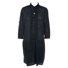 Burberry Green Checkered Cotton Pintuck Detail Shift Dress L