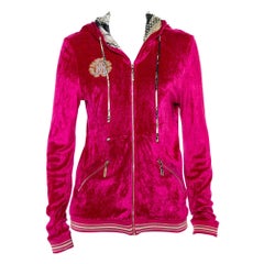 Roberto Cavalli Pink Velour Hooded Zip Front Jacket L