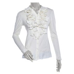 Ralph Lauren Off White Knit Ruffled Neck Button Front Top L