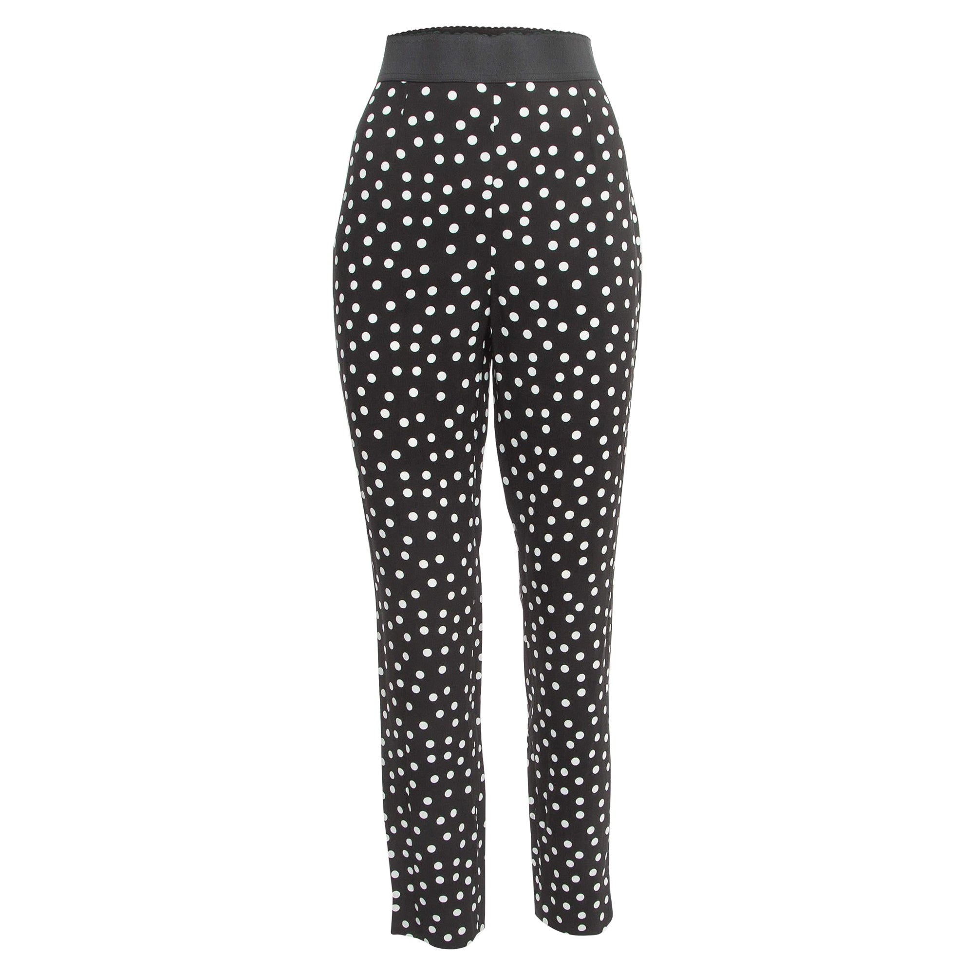 Dolce & Gabbana Polka Black Dot Crepe Trousers XL For Sale