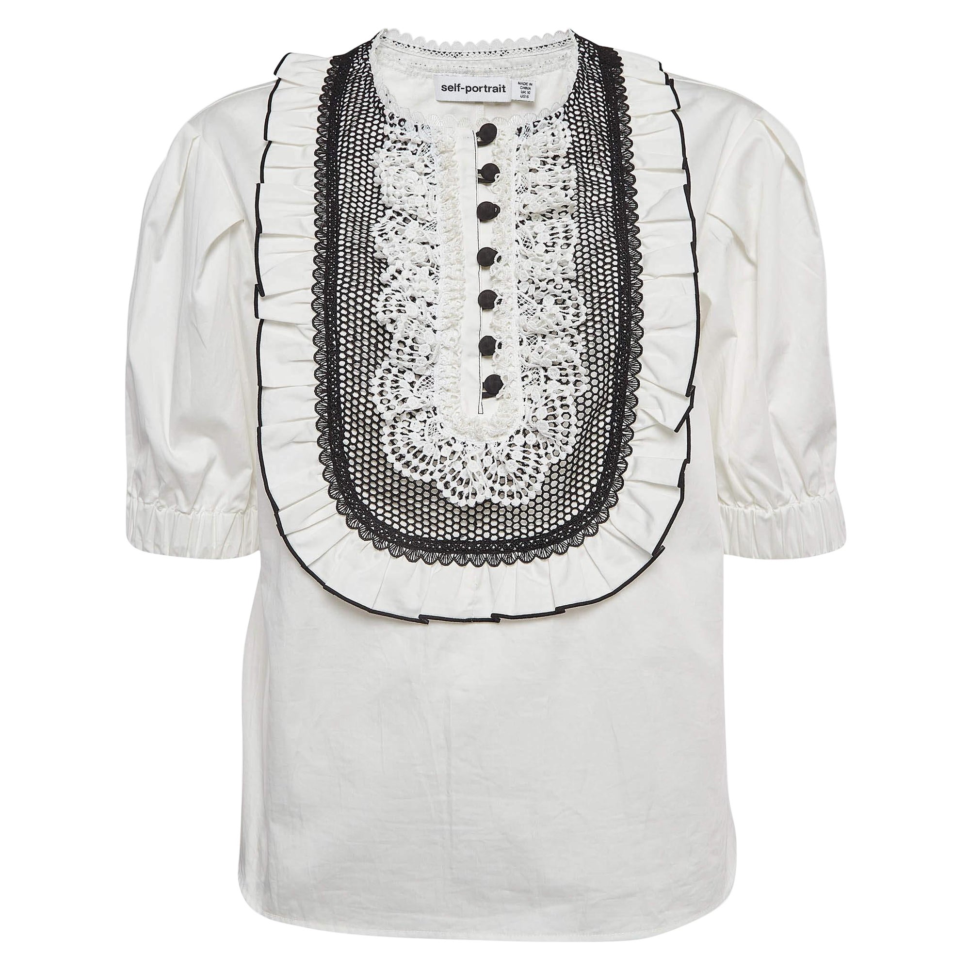 Self-Portrait White Cotton Lace Bib Top M For Sale at