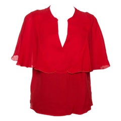 Giambattista Valli Red Crepe Ruffled Cape Detail Top M