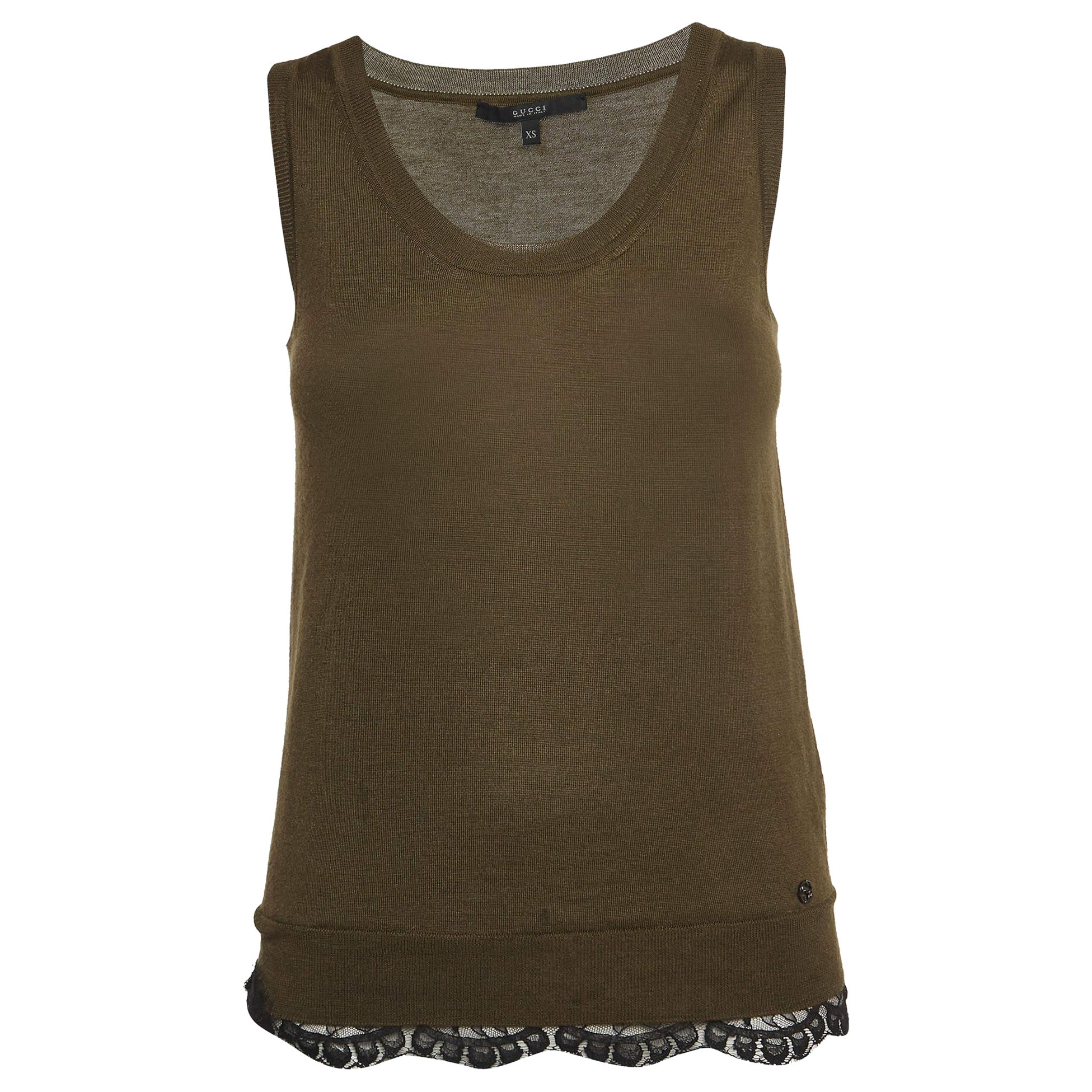 Gucci Top senza maniche in maglia verde oliva con bordi in pizzo XS