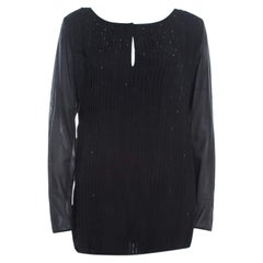 Escada Black Pintucked Pleat Silk Crystal Embellished Long Sleeve Blouse M