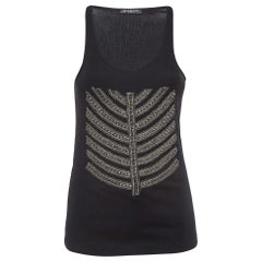 Balmain Black Cotton Knit Metallic Chain and Crystal Embellished Tank Top M