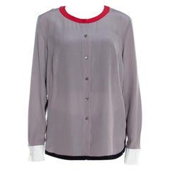 Escada Pewter Grey Silk Contrast Trim Long Sleeve Nendi Blouse M