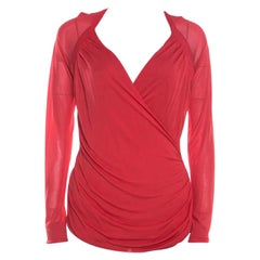Escada Red Knit Ruched Crossover Front Long Sleeve Top L