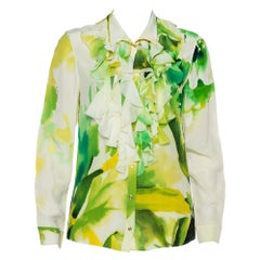 Roberto Cavalli - Chemise en soie imprimée verte avec boutons à volants sur le devant M