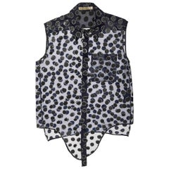 Balenciaga Navy Blue Dotted Pattern Organza Button Front Blouse M