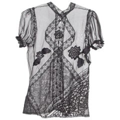 Dolce & Gabbana Black Lace Trim Silk Applique Detail Sheer Top M