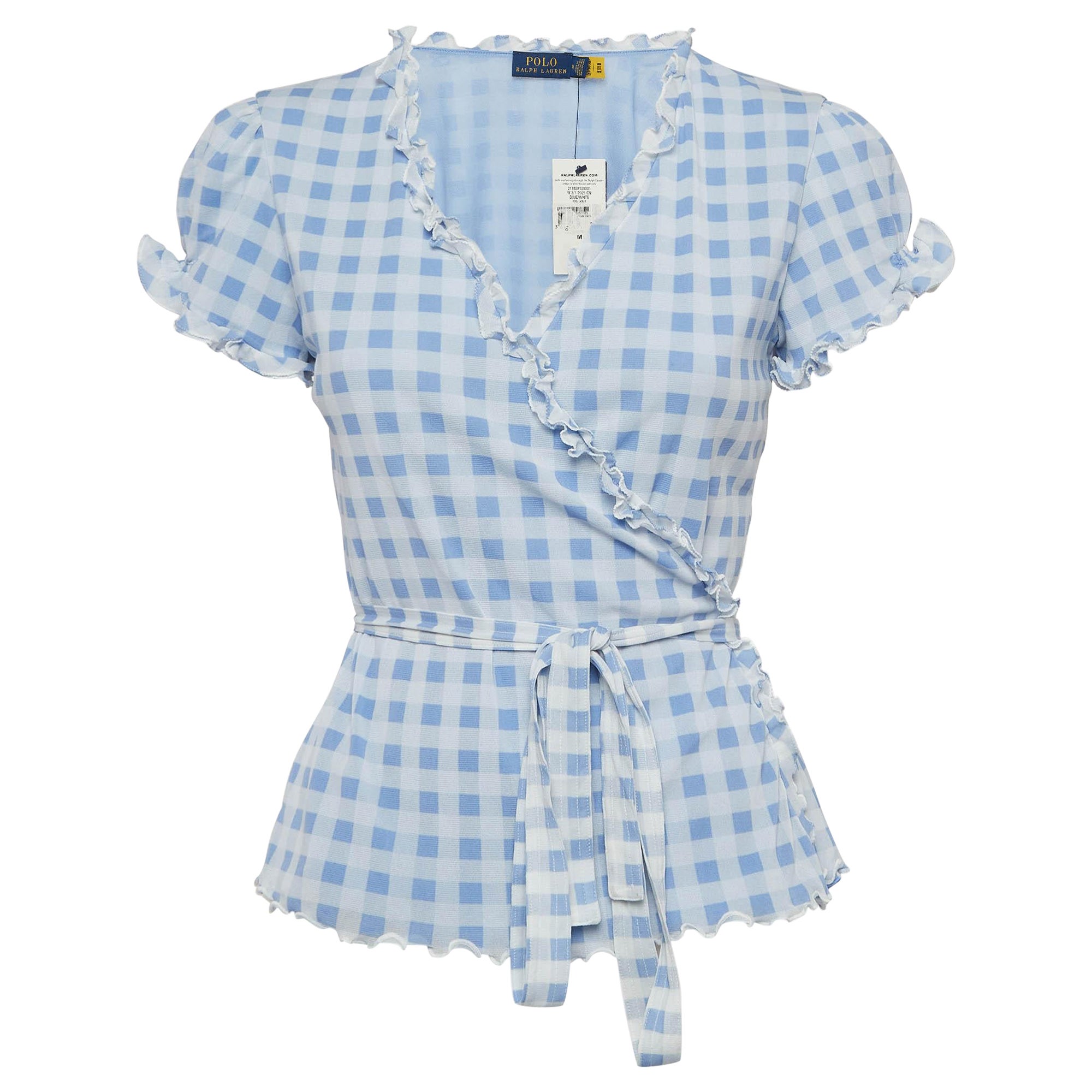 Polo Ralph Lauren Blue Checked Knit Wrap Top M For Sale