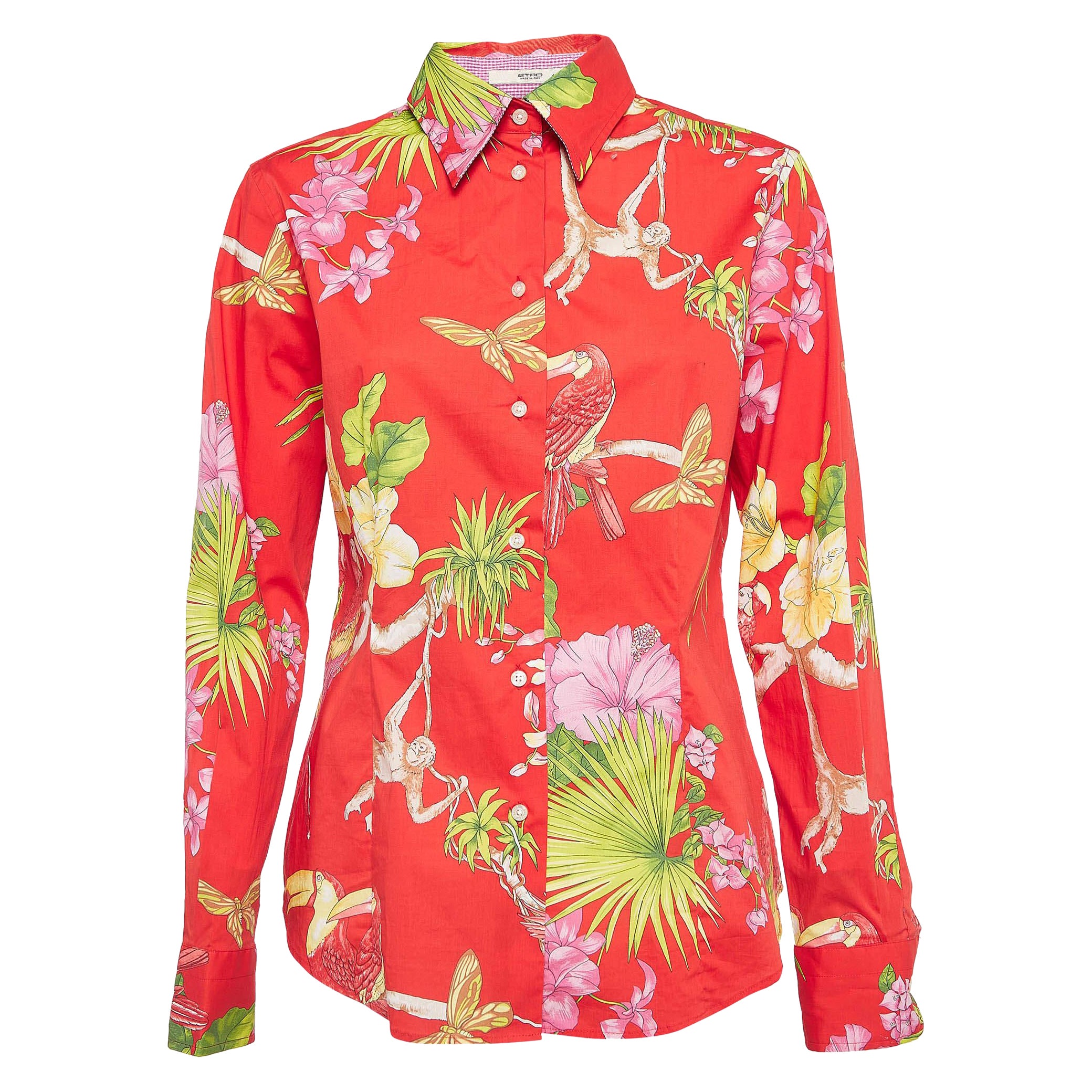 Etro Red Tropical Print Cotton Shirt L For Sale