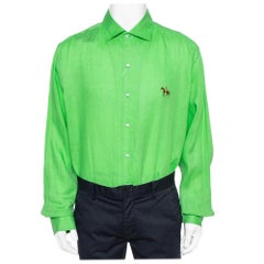 Ralph Lauren Green Linen Logo Embroidered Button Down Shirt XXL