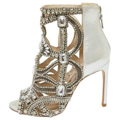 Sophia Webster Silver Fabric and Leather Crystal Iridessa Caged Booties Size 36