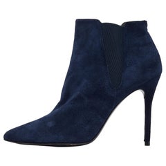 Used Stuart Weitzman Navy Blue Suede Ankle Length Boots Size 40