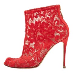 Dolce & Gabbana Red Lace and Mesh Peep Toe Ankle Boots Size 36