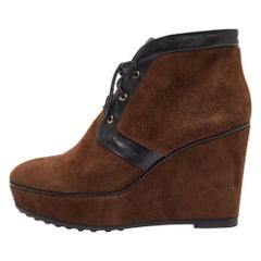 Tod's Brown/Black Suede and Leather Wedge Oxford Boots Size 37.5