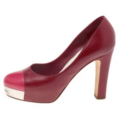 Chanel Red/Pink Leather CC Cap Toe Block Heel Platform Pumps Size 35.5