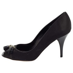 Tod's Black Satin Tassel Peep Toe Pumps Size 37.5