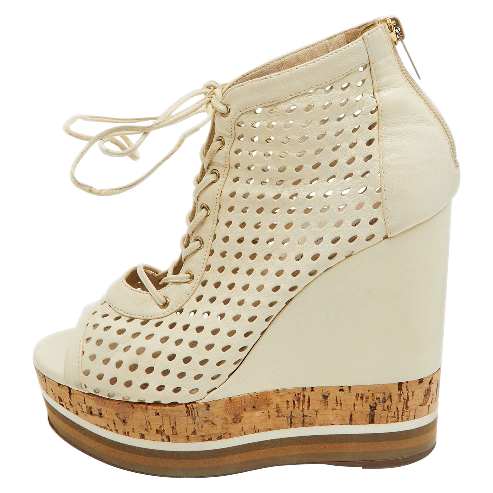 Jimmy Choo Off White Perforated Leather Lace Up Cork Wedge Booties Size 37