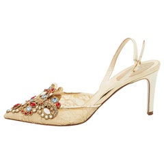 René Caovilla Cream Lace and Leather Crystal Slingback Pumps Size 39