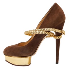 Charlotte Olympia Brown/Gold Suede Dolly Platform Pumps Size 42