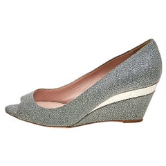 Miu Miu Grey Leather Peep Toe Wedge Pumps Size 36