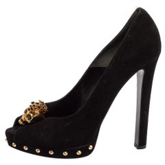 Alexander McQueen Black Suede Skull Embellished Peep Toe Pump Size 40.5